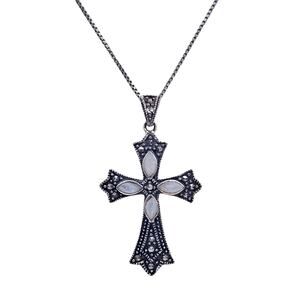 Vtg Sterling Silver Cross Pendant With Marcasite & White Opals With 925 Chain